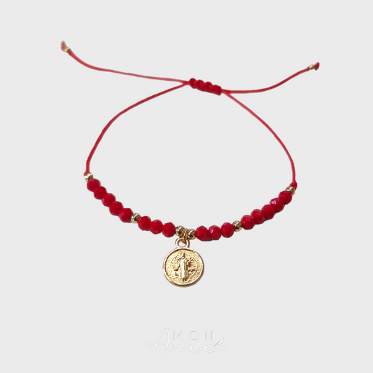 Pulsera roja san benito dorado